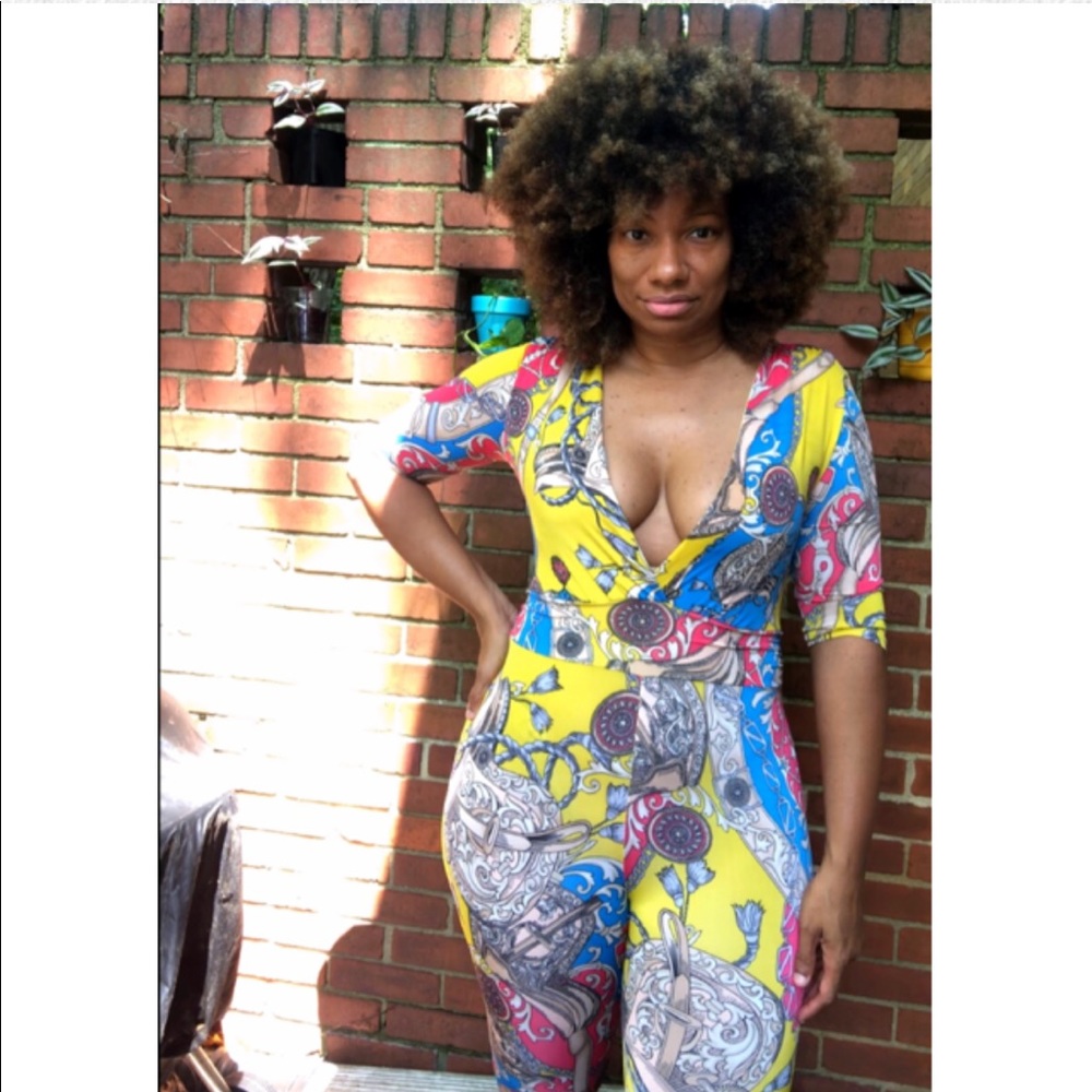 Multi-print summer plunge v jumpsuit size M